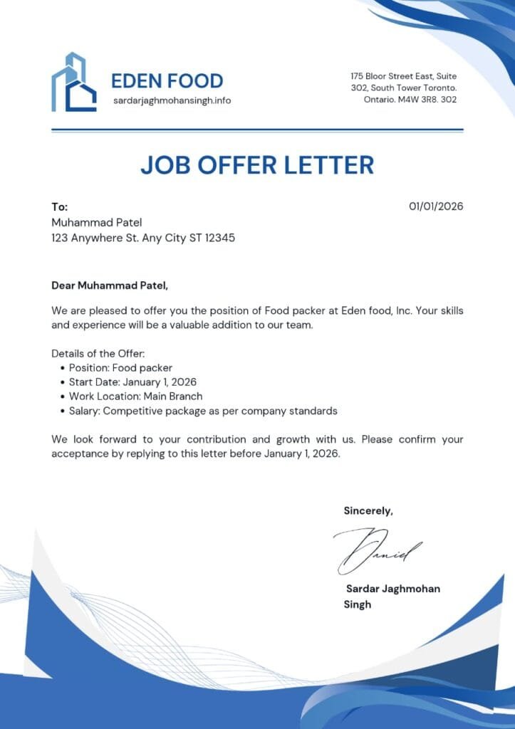 Canada job offer letter from employer 2026